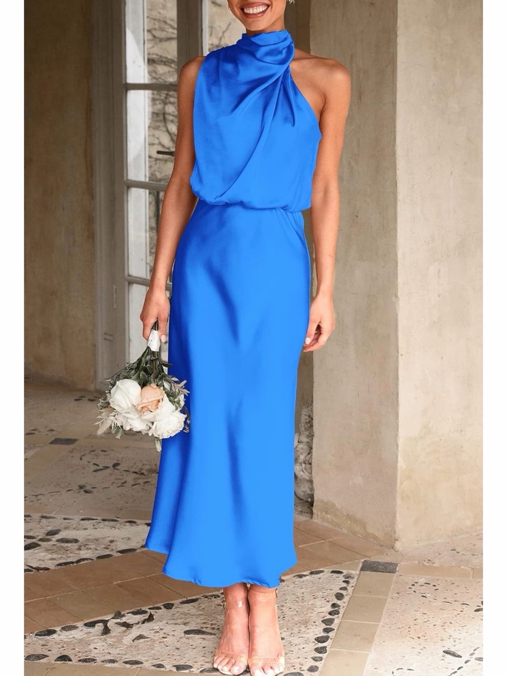 Brilliant Blue Sleeveless Halter Mock Neck Cocktail Dress